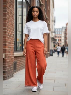 Luuske Orange/Rust Wide Leg Pants Fringe Hem Boho Lounge High Rise Size L